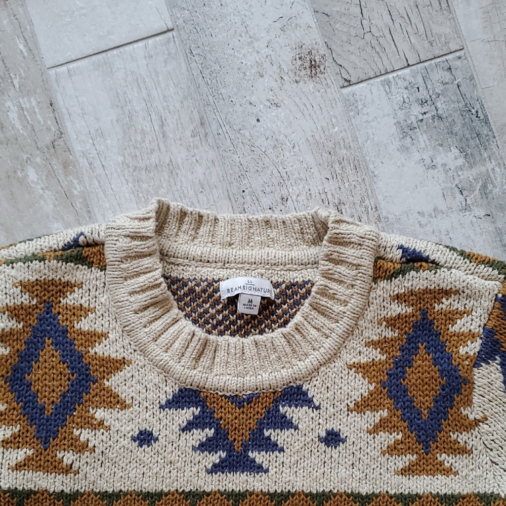 LLBean Women's Medium 100% Cotton Slub Fair Isle Multicolor Crew Neck Sweater - Picture 10 of 15